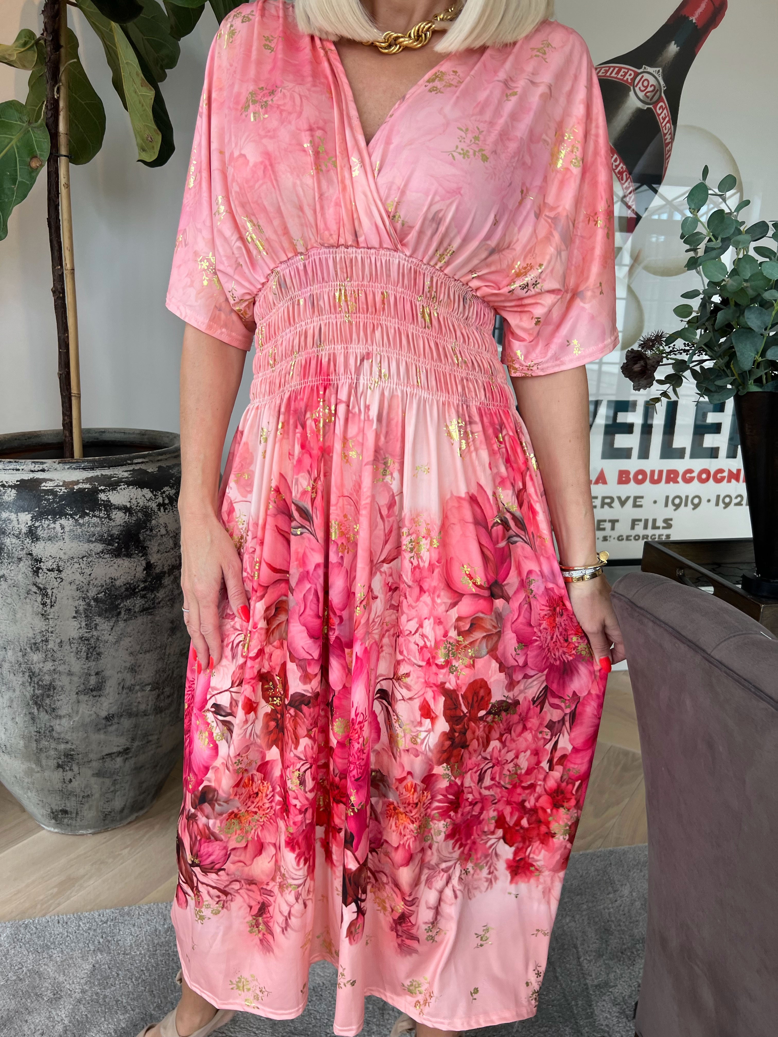 Pams Ethereal Midi - Elastisk kjole med blomster motiver og guld detaljer